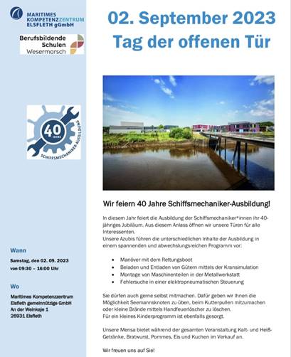 02. September 2023 Tag der offenen Tür - Wir feiern 40 Jahre Schiffsmechaniker-Ausbildung